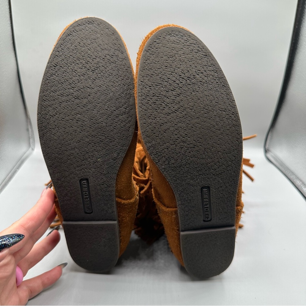 Minnetonka Triple Fringe Suede Moccasin Boots - Chestnut - Picture 9 of 11